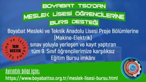 BOYABAT TSO'DAN MESLEK LİSESİ ÖĞRENCİLERİNE BURS İMKÂNI Bilindiği üzere, T.C.