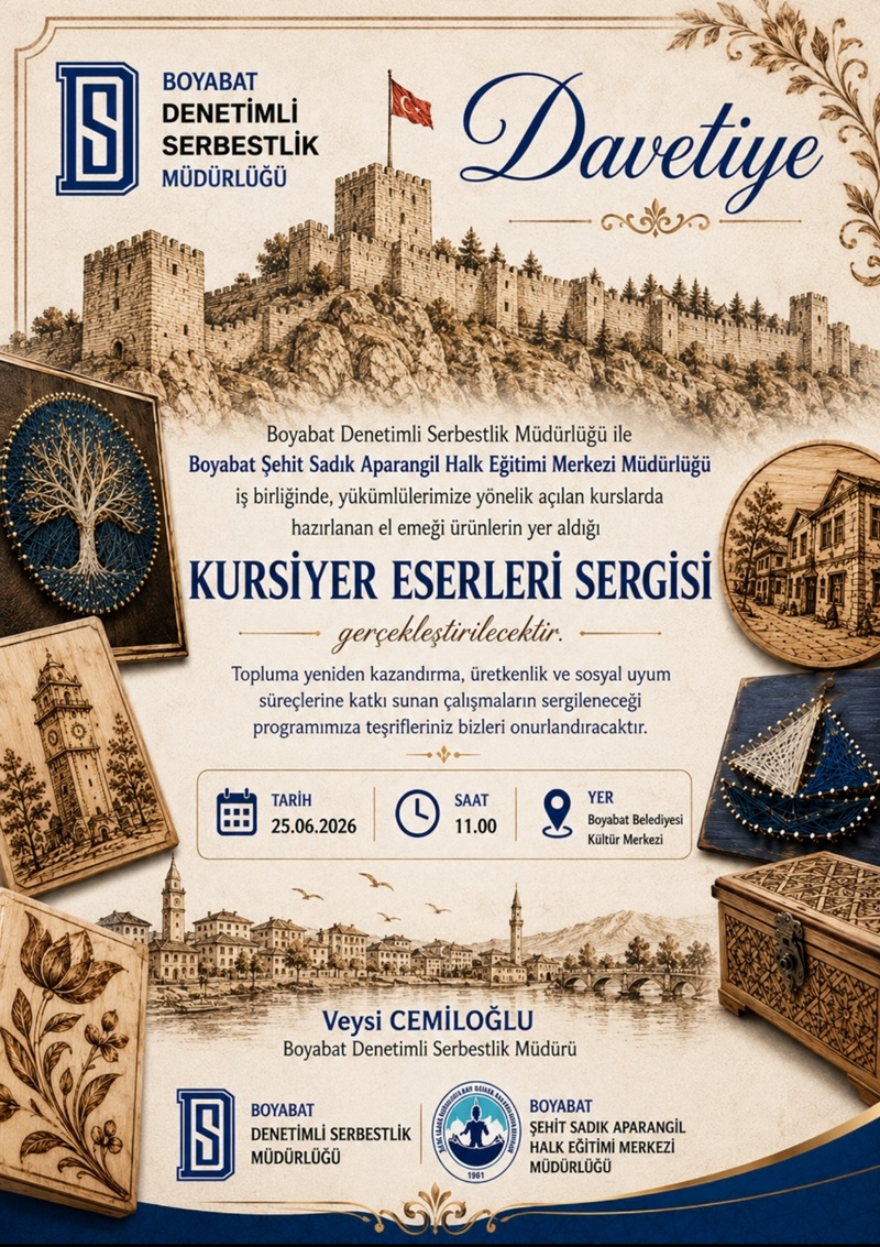 BOYABAT DENETİMLİ SERBESTLİK YÜKÜMLÜLERİNİN EL EMEĞİ ESERLERİ GÖRÜCÜYE ÇIKIYOR 8 BOYABAT DENETİMLİ SERBESTLİK YÜKÜMLÜLERİNİN EL EMEĞİ ESERLERİ GÖRÜCÜYE ÇIKIYOR12345