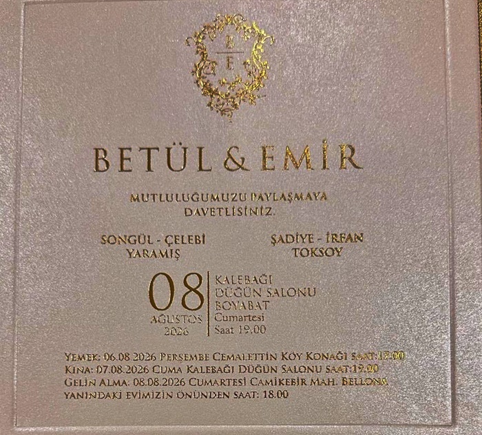 Betül ve Emir çiftinin 6-8 Ağustos 2026 tarihlerinde gerçekleşecek yemek,