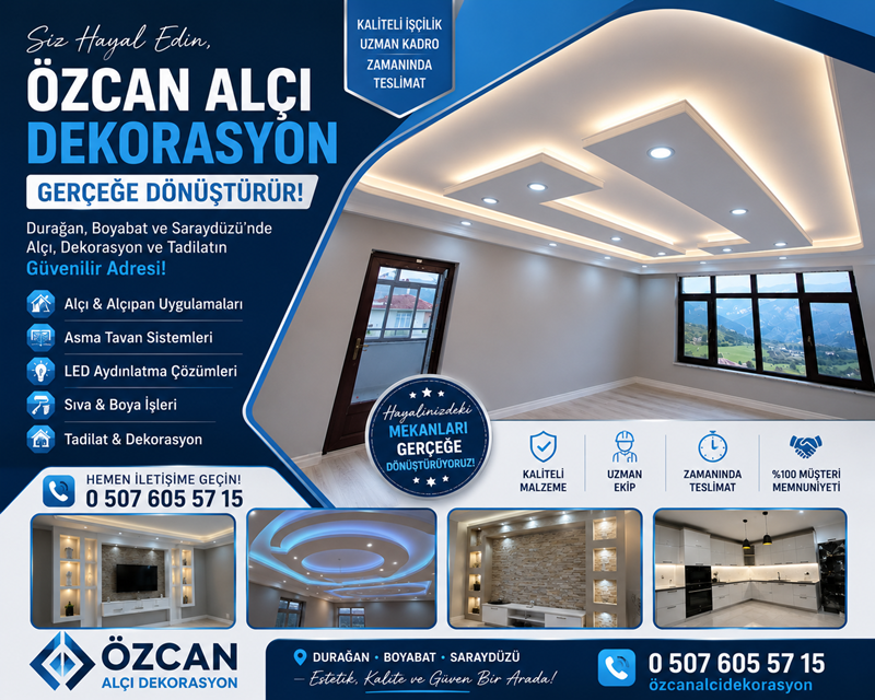 Durağan, Boyabat ve Saraydüzü’nde Alçı, Dekorasyon ve Tadilatın Güvenilir Adresi Özcan Alçı Dekorasyon575757
