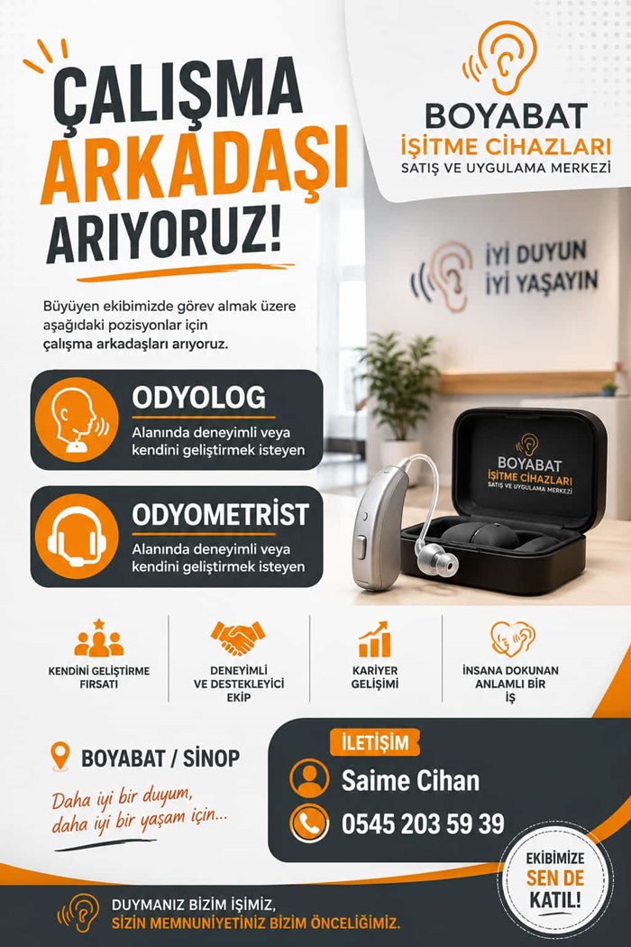 Boyabat İşitme Cihazları Merkezine Odyolog ve Odyometrist alımı yapılıyor! Deneyimli veya gelişime açık adaylar için iletişim ve başvuru detayları burada.57